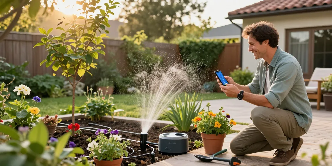 Homeowner using the rainpoint automatic watering system in a vibrant garden setting.