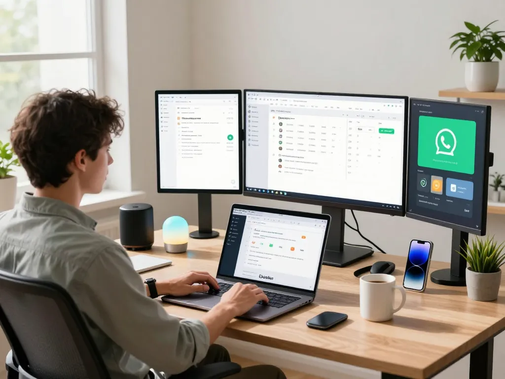 Clawdbot managing tasks in a modern home office with multiple screens and smart devices.