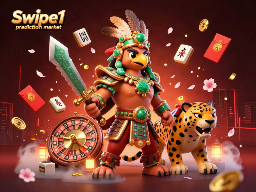 Engage with the thrilling Swipe1 prediction market through lively casino visuals featuring Aztec warriors and dynamic game elements.