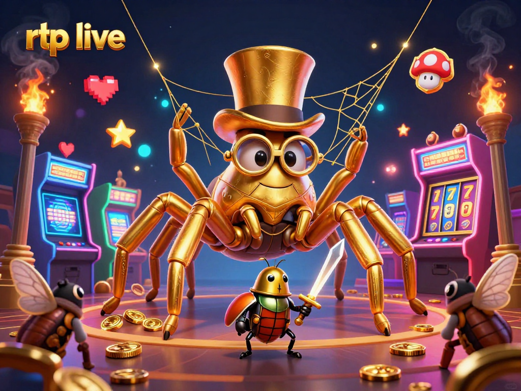 Engage with rtp live featuring a golden tarantula and beetle knight in a vibrant casino scene.