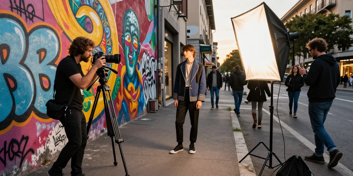 Photographe professionnel Milan capturant une séance de mode urbaine, modèle en tenue chic avec lumière dorée