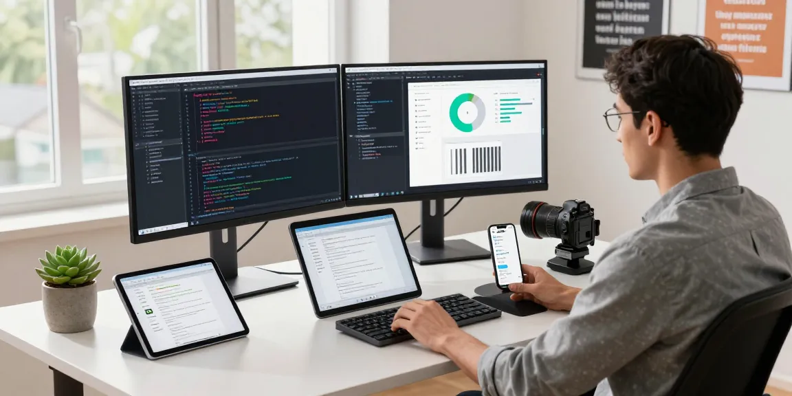 Developer working with multiple screens in a modern tech workspace showcasing telegram官网 features and interfaces.