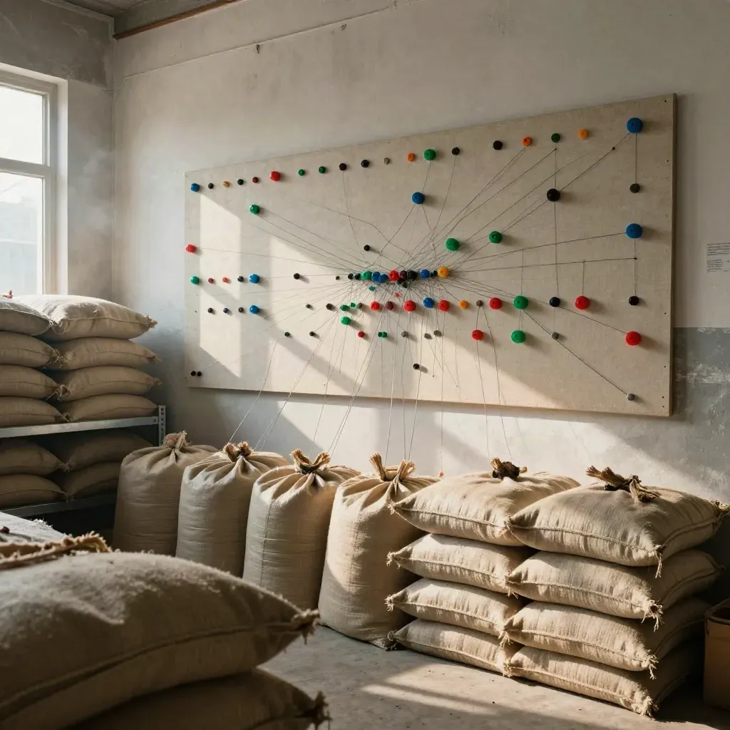 Logistics room with region pins, thread routes, and grain sacks under soft window light.