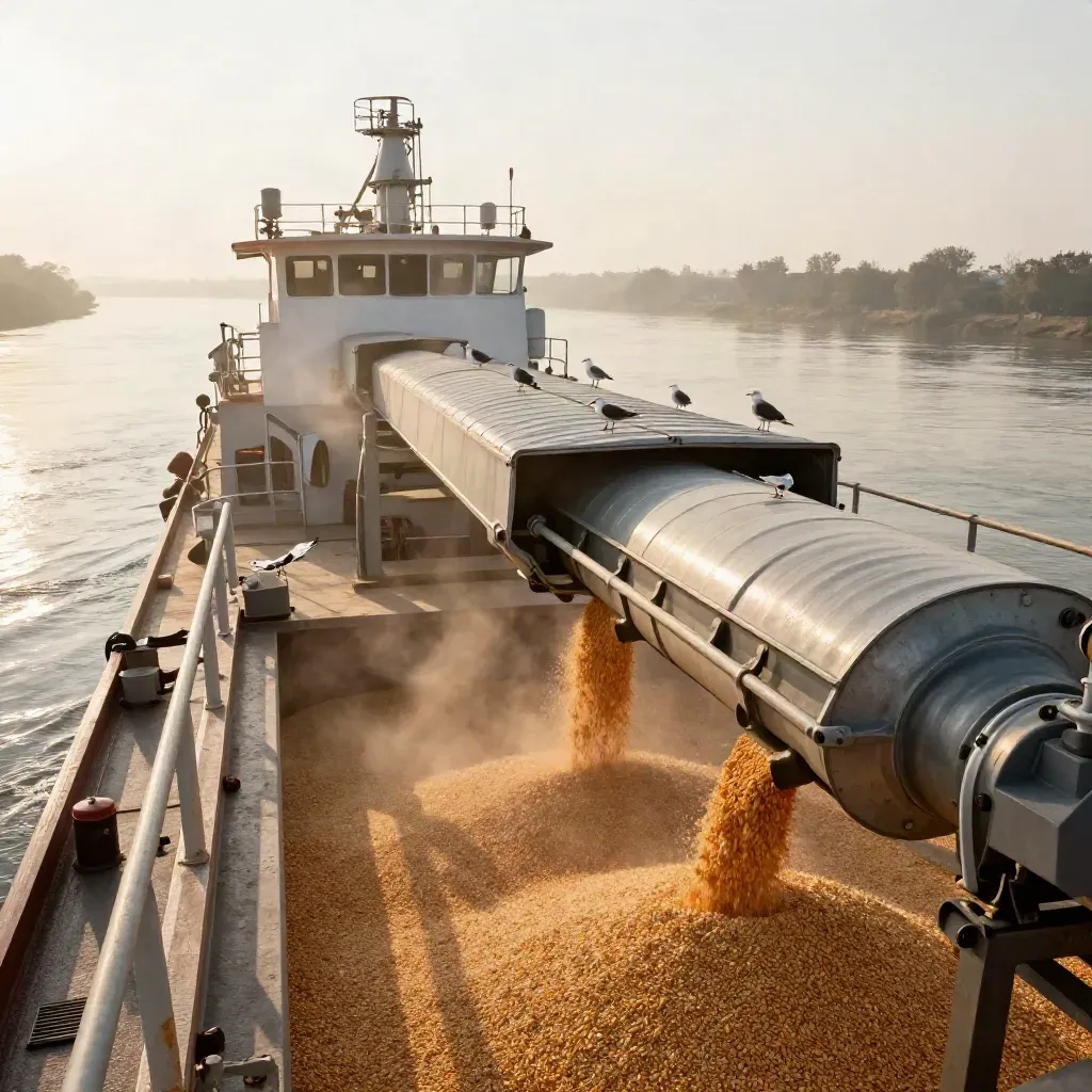 Sunrise grain barge unloading beside a corn terminal, dust and gulls over the river deck