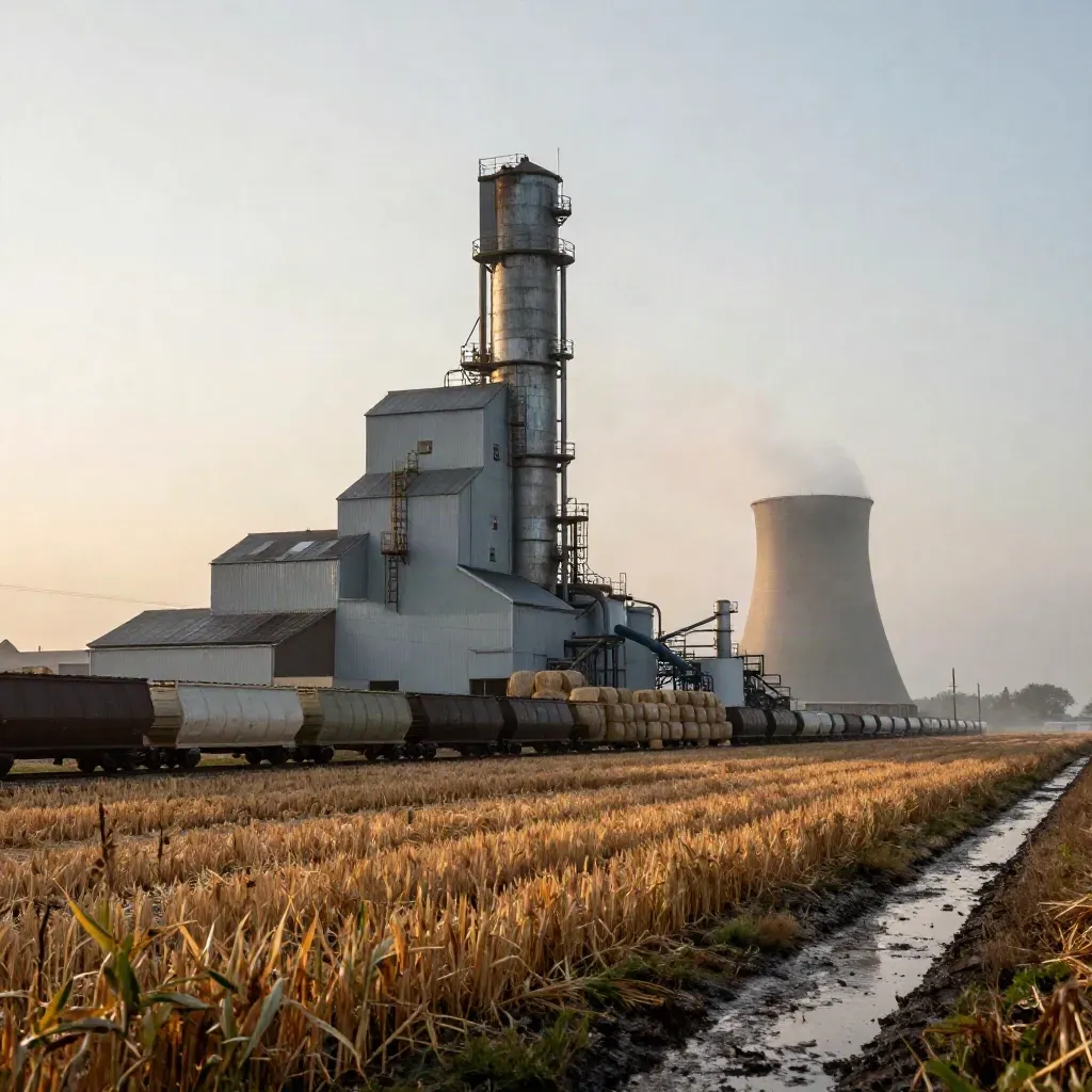 Ethanol refinery and grain elevator beside a wet cornfield at dawn after rain.
