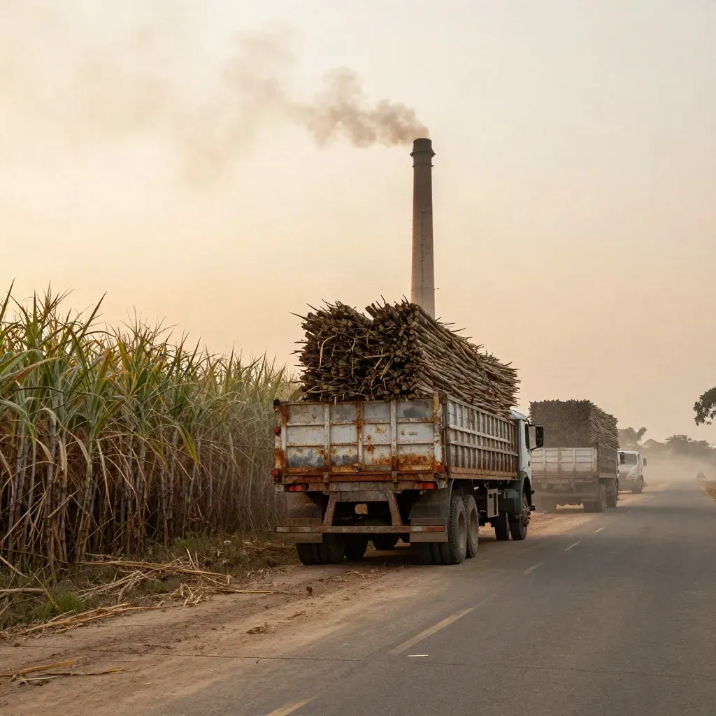 Brazilian sugarcane trucks queue at a mill with smoke rising at dusk.