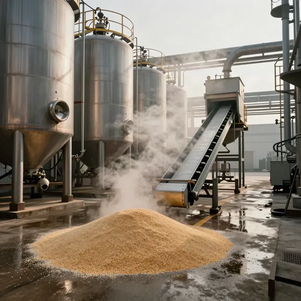 Soybean crush plant with oil tanks, meal pellets and a conveyor venting steam in a tense industrial moment.