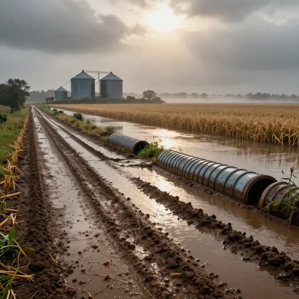 Flooded Corn Belt field edge with grain bins, muddy road, runoff, and storm cloud haze