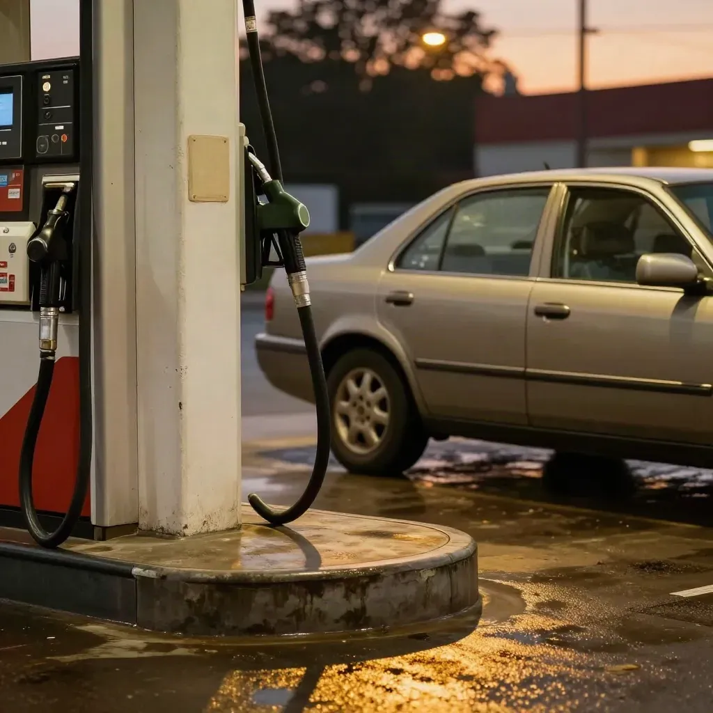 Fuel nozzle beside a parked sedan under warm station lights at dusk.
