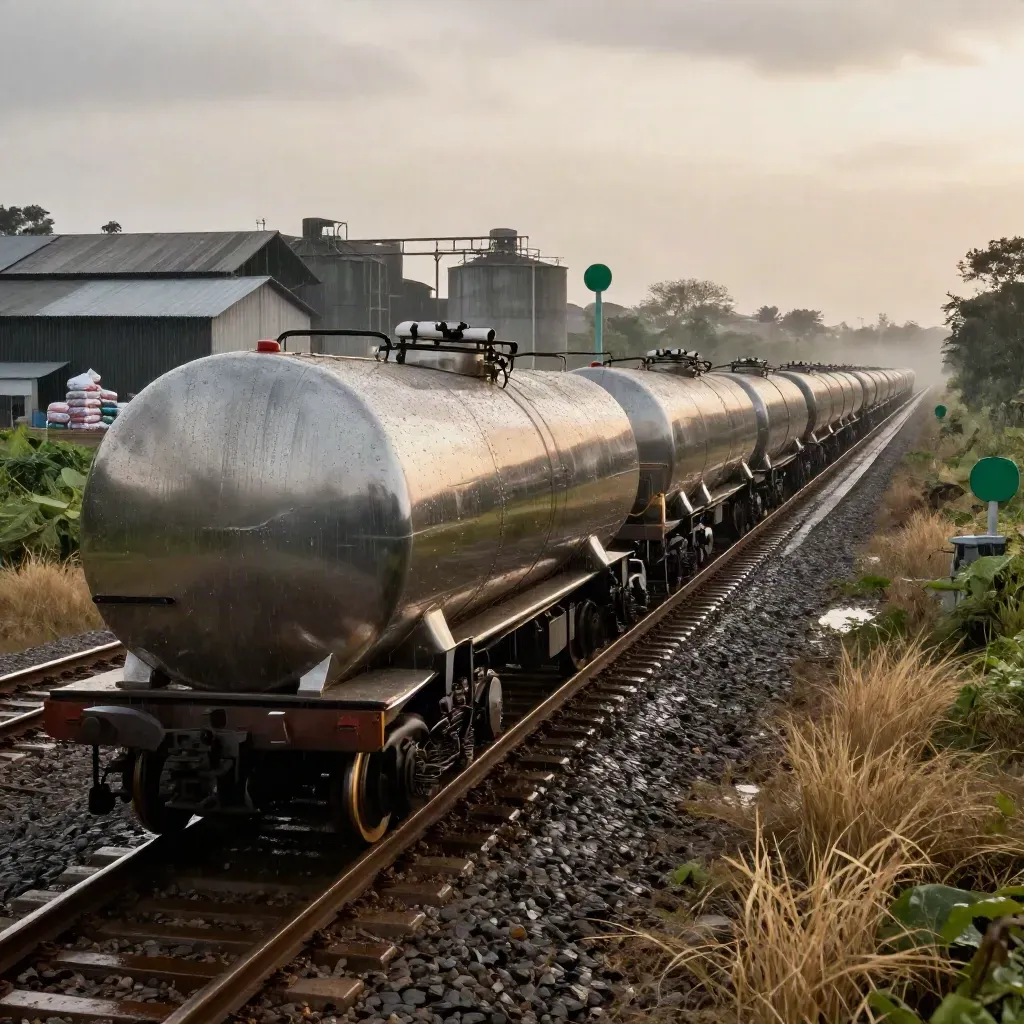 Rainy rail tankers pass a distant grain depot under monsoon clouds in India.