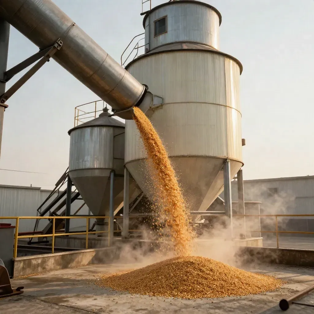 Low-angle feed mill tower with pellets spilling onto a conveyor and dust rising