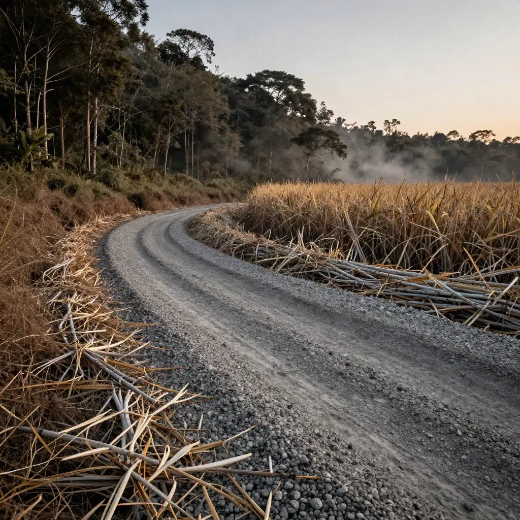 Brazilian sugarcane rows meet forest edge with a charcoal mill plume over a hazy hillside.