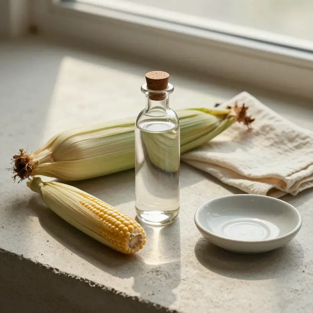 Overhead ethanol vial with corn husk, linen square and ceramic dish on pale concrete.