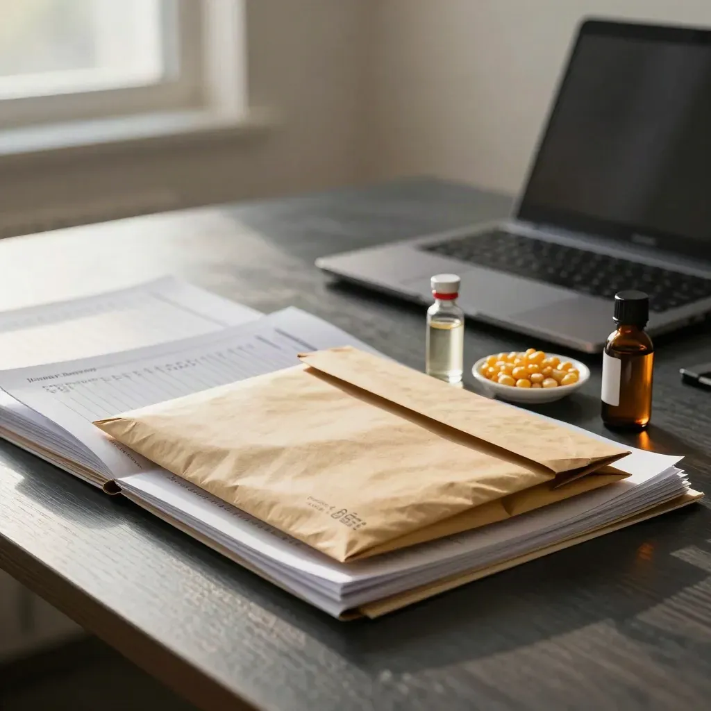 Briefing stack with envelopes, laptop, corn ethanol vial, maize kernels, and biodiesel sample.