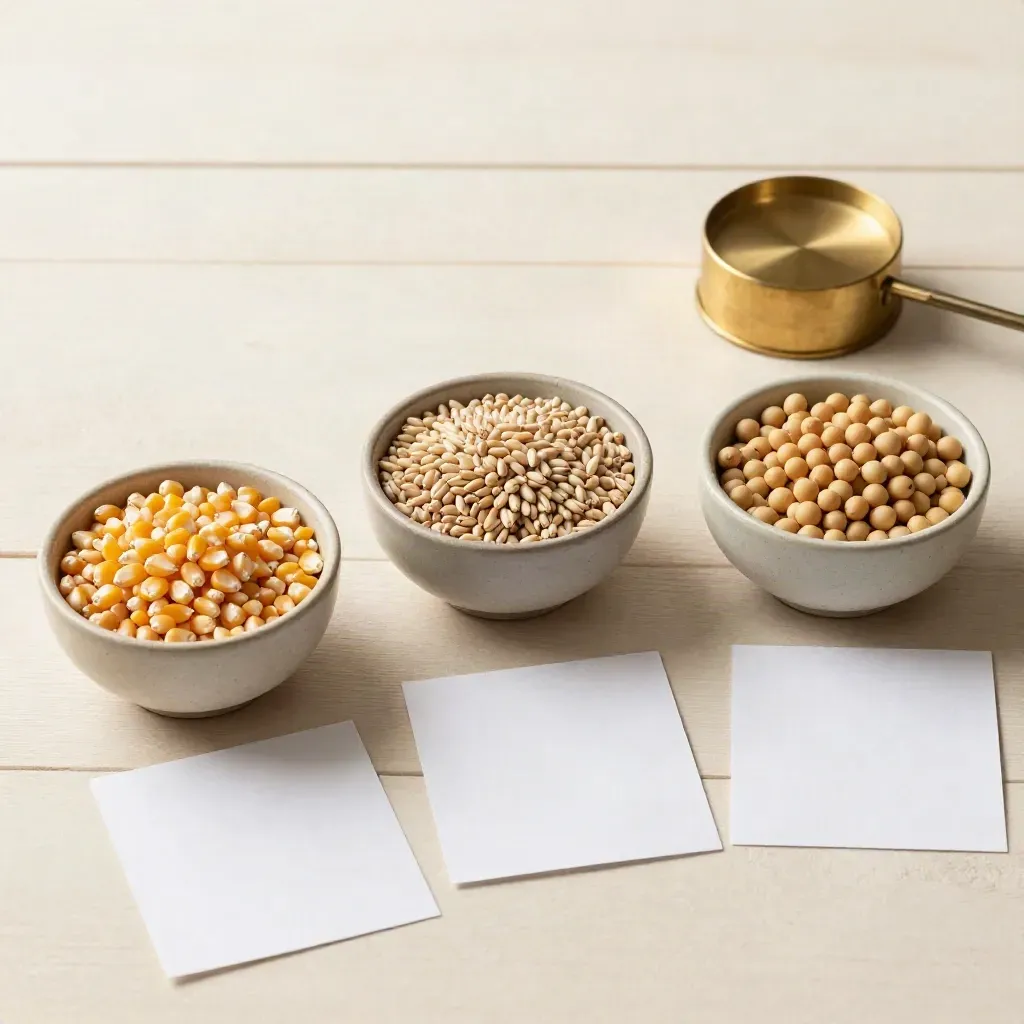 Three grain samples in bowls with index cards and a brass paperweight on pale wood