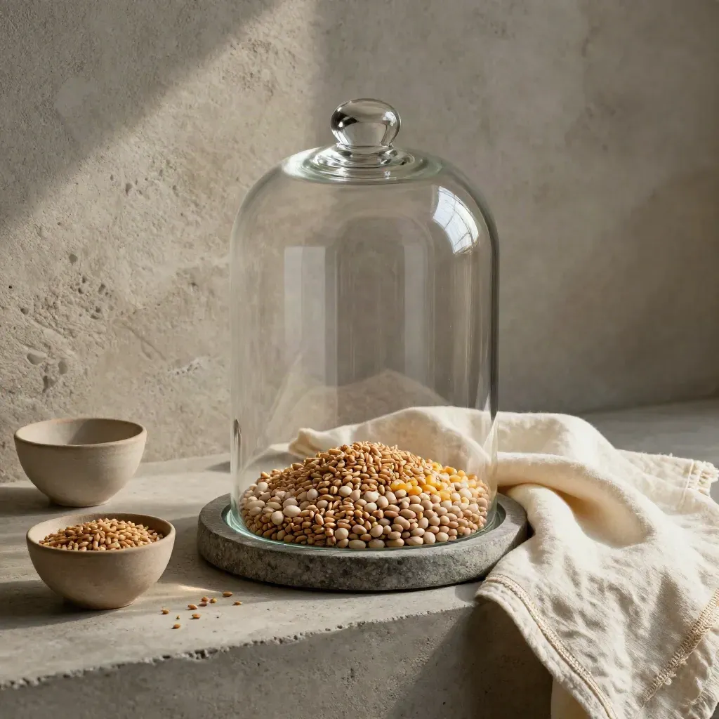 Glass cloche over mixed grains beside a cream cloth and earthenware bowl on stone.