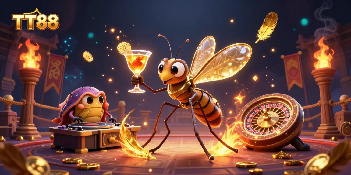 TT88 showcases a vibrant casino scene featuring a frozen mosquito mascot, trilobite DJ, and ammonite roulette wheel, enhancing the gaming experience.