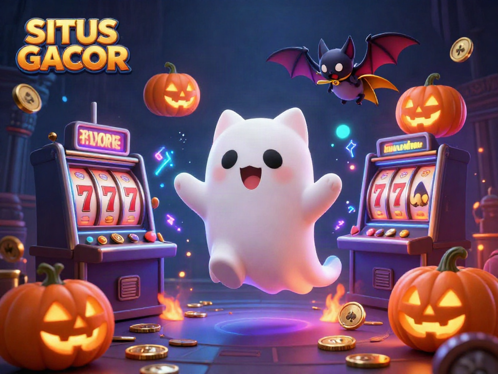 SITUS GACOR highlights a ghost cat in a vibrant haunted casino scene filled with slots and gold coins.