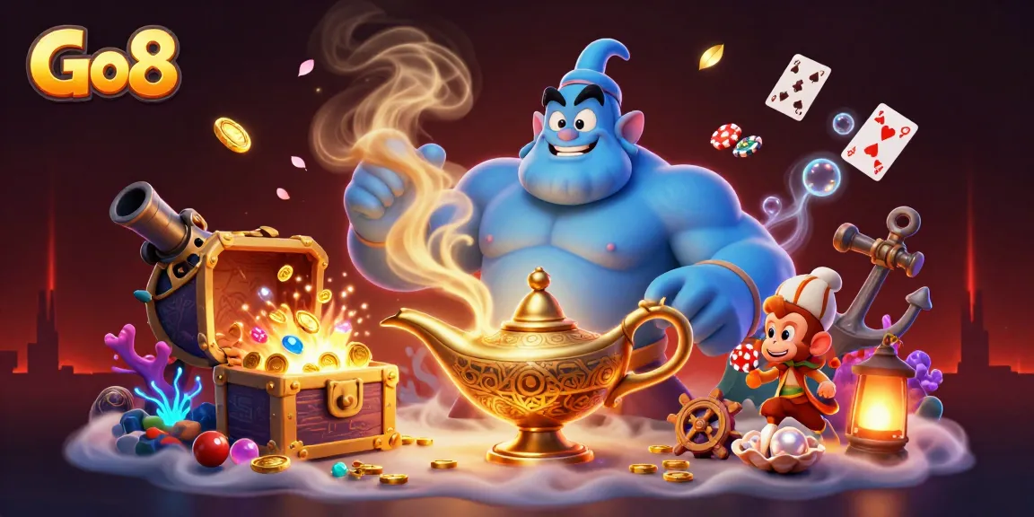 Engage with the vibrant Go8 casino scene, featuring a genie, monkey, and magical elements amid riches.