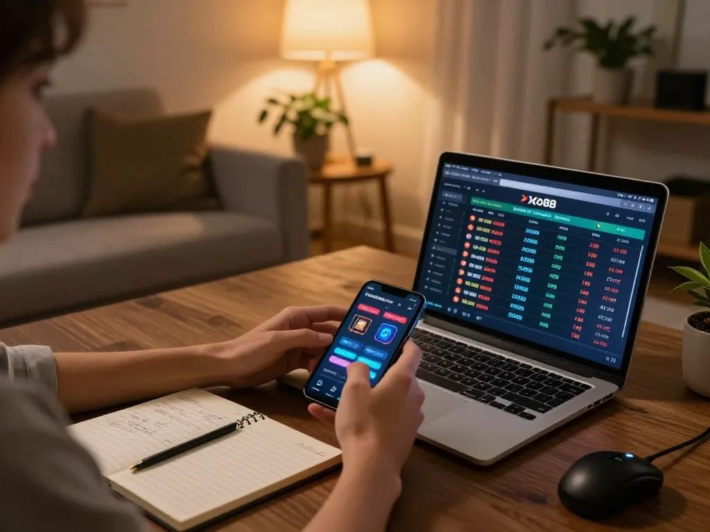 Xo88 player engaging in online gaming with strategy notes nearby in a cozy home setting.