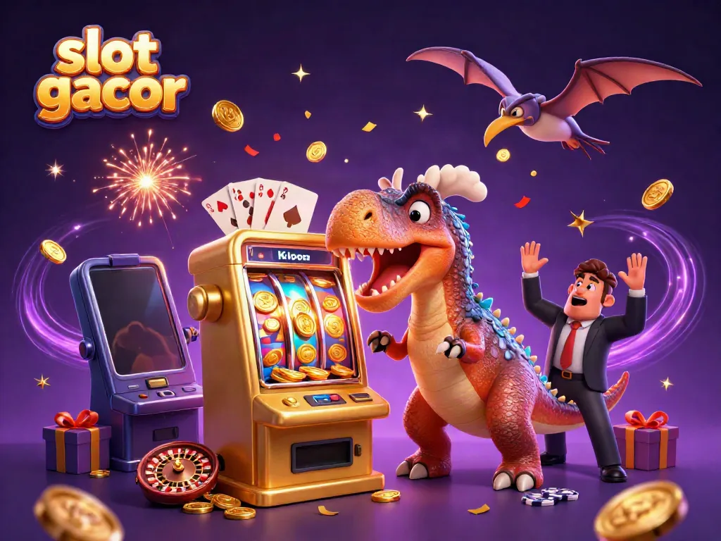 Experience slot gacor action with a dinosaur theme, celebrating winning moments in a vibrant casino scene.