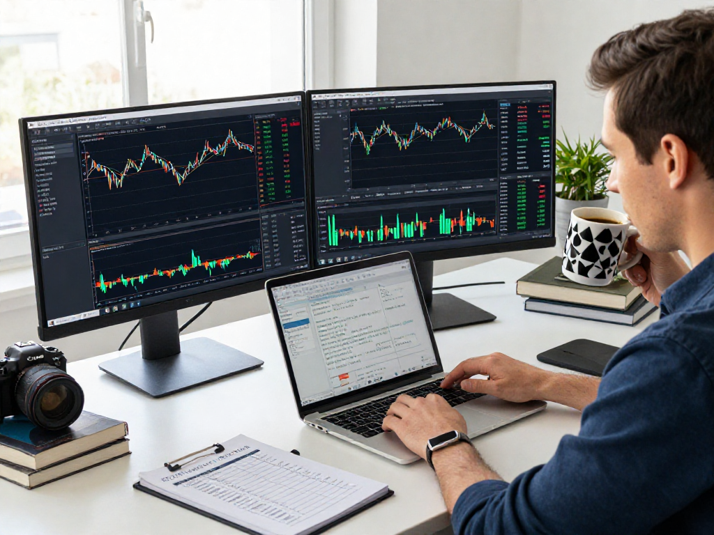 Trader analyzing market data on metatrader 5 at a modern office setup.