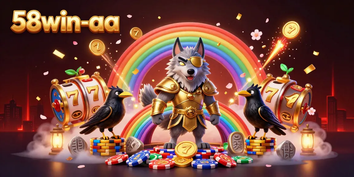 Spin winning slots with the vibrant 58win-aa characters amidst floating casino elements and a mystical scene.