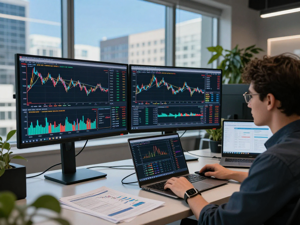 Professional trader utilizing WTI crude oil futures API in a dynamic trading studio with real-time data analysis.