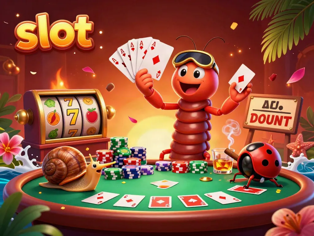 Dealer kartun beragam kartu di meja slot, penuh chip kasino, nuansa kasino yang meriah.