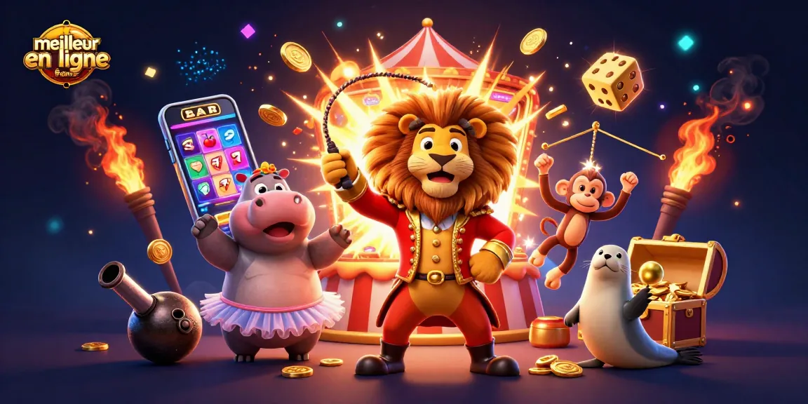 Visuel illustrant le meilleur casino en ligne France avec des personnages de cirque et des machines à sous vibrantes.