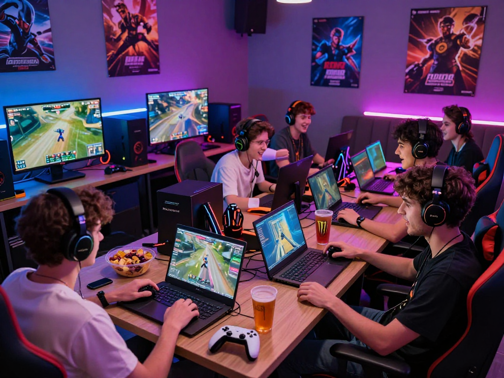 Friends immersed in a gaming session with rokok88 super action, in a vibrant lounge setting.