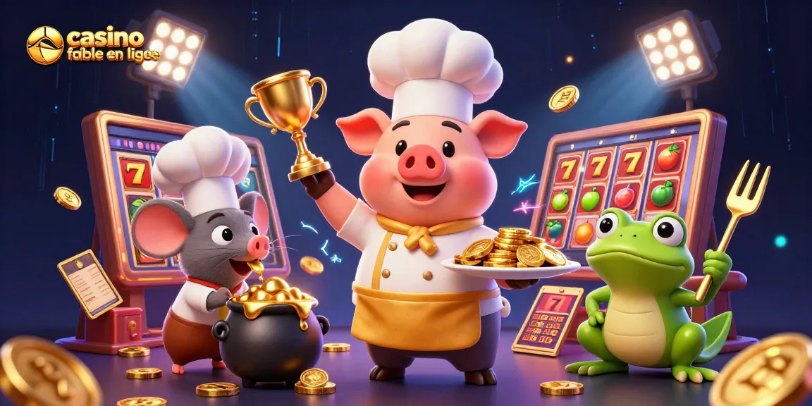Gagnez aux machines à sous avec le casino fiable en ligne, un chef cartoon servi des pièces d'or.