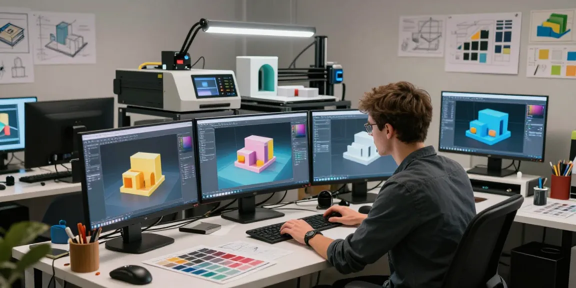 Creative designer using cika4d software in a modern workshop filled with 3D models and vibrant graphics.