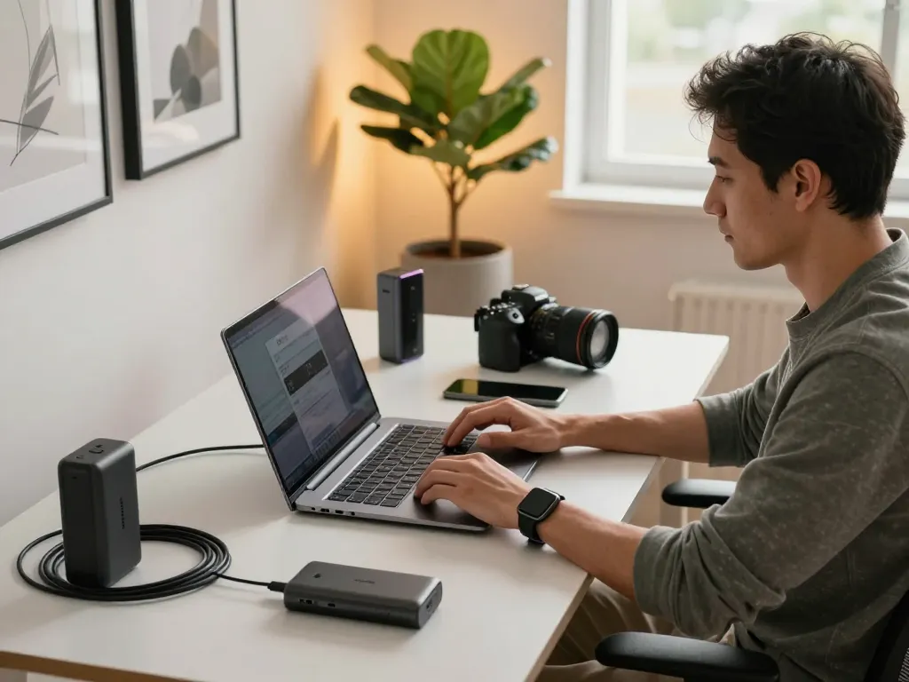 Explore affordable tech gadgets in a stylish home office setting with modern devices.