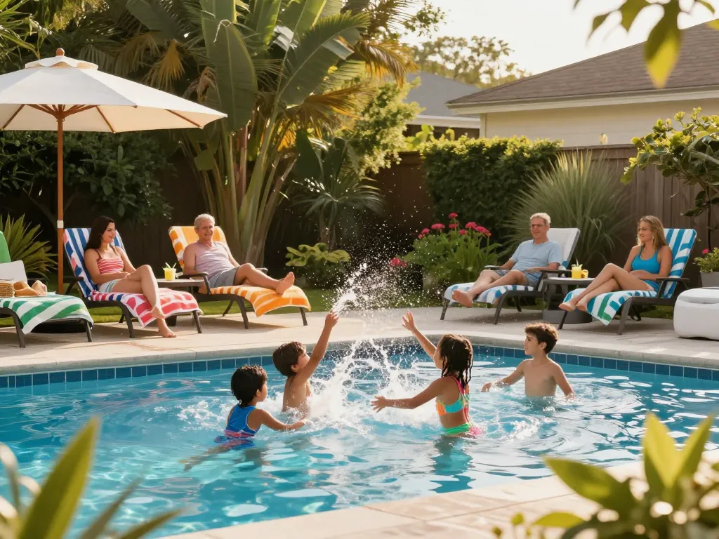 Dolphin Pool Services providing a vibrant family pool experience with children playing and adults relaxing.