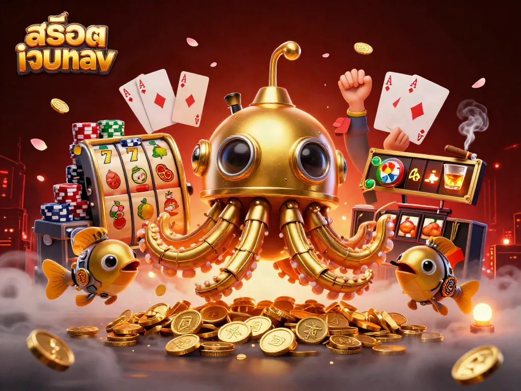 Experience thrilling gameplay with สล็อตเว็บตรง featuring a golden kraken submarine amidst golden coins and intense casino action.