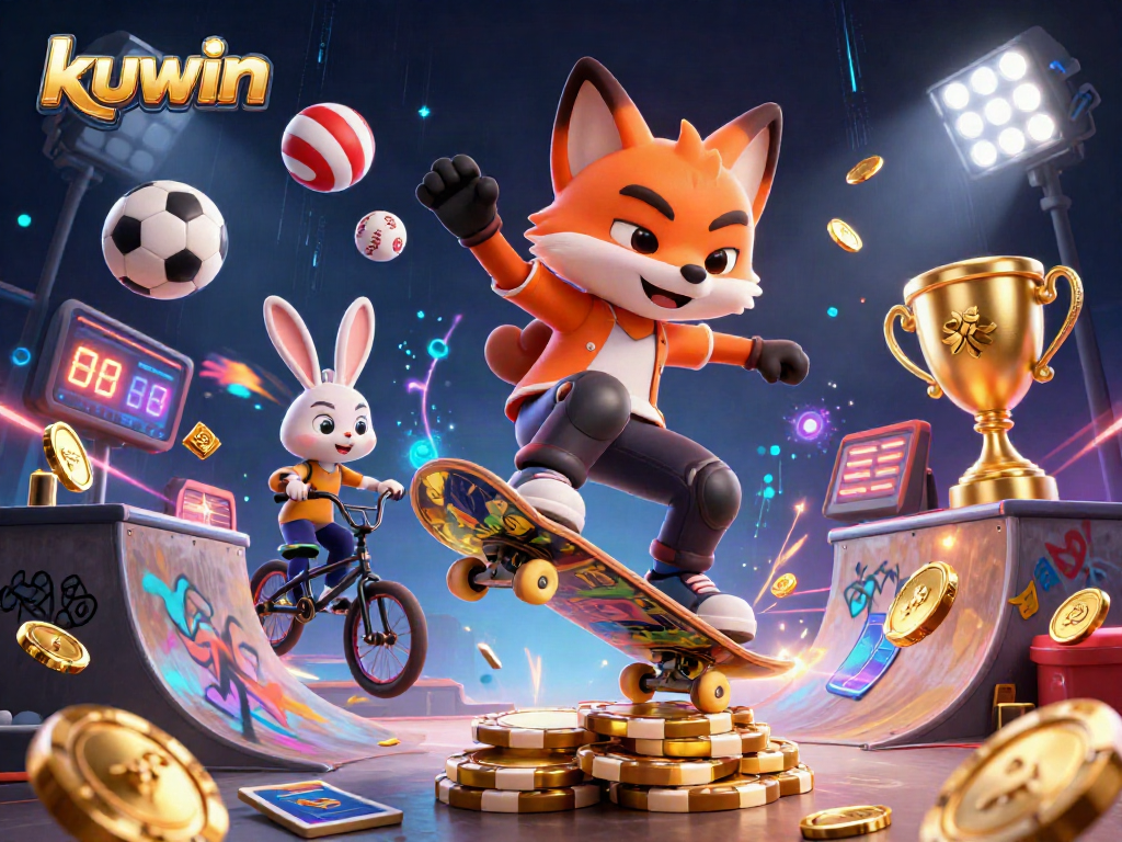 Kuwin sports betting illustration featuring a skateboarder fox and a BMX rabbit in a vibrant casino scene.