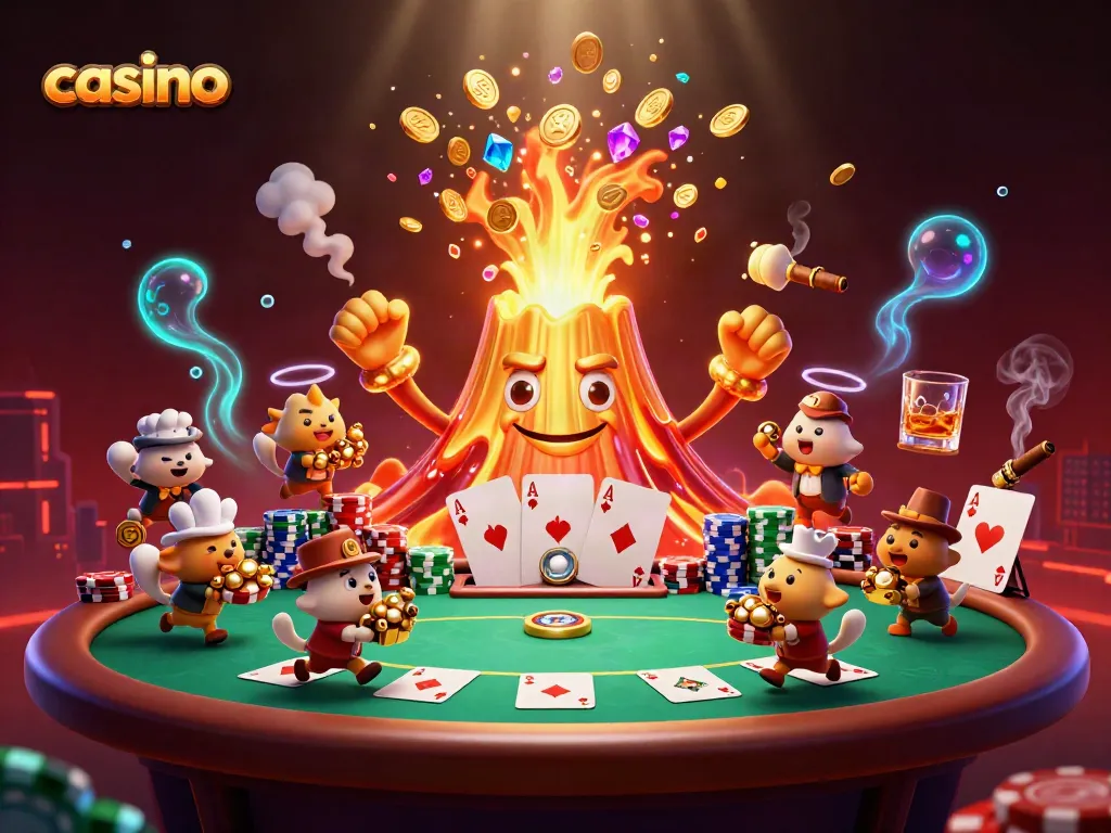 Experience the excitement of casino gaming with a golden volcano erupting treasure and vibrant poker elements.