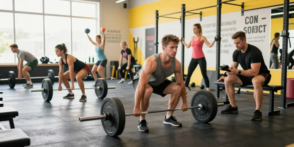 Dynamic gym scene highlighting athletes using anabolizzanti online for performance enhancement and strength training.