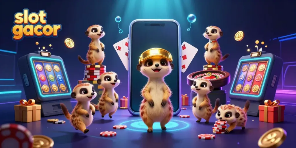 Experience the excitement of slot gacor with animated meerkats running a vivid casino scene.