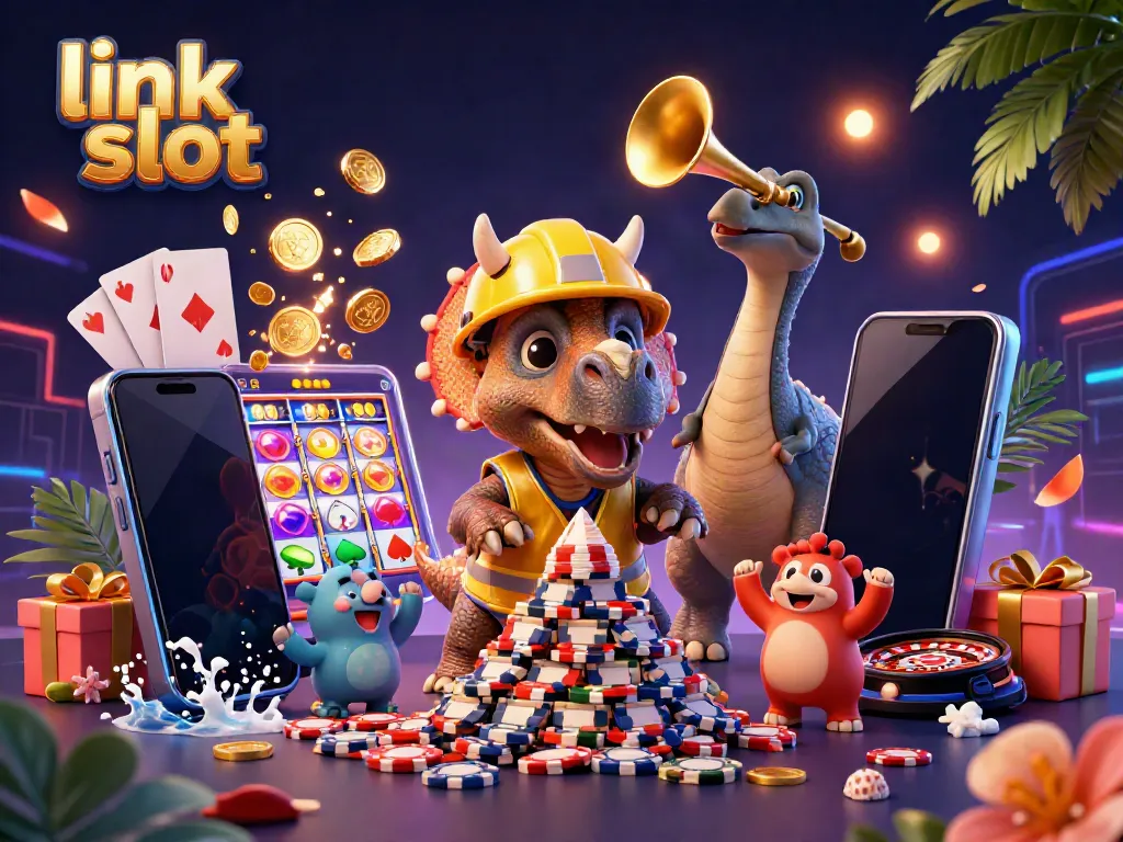 Link slot dalam ilustrasi 3D menampilkan triceratops membangun tumpukan chip poker dengan kegembiraan.