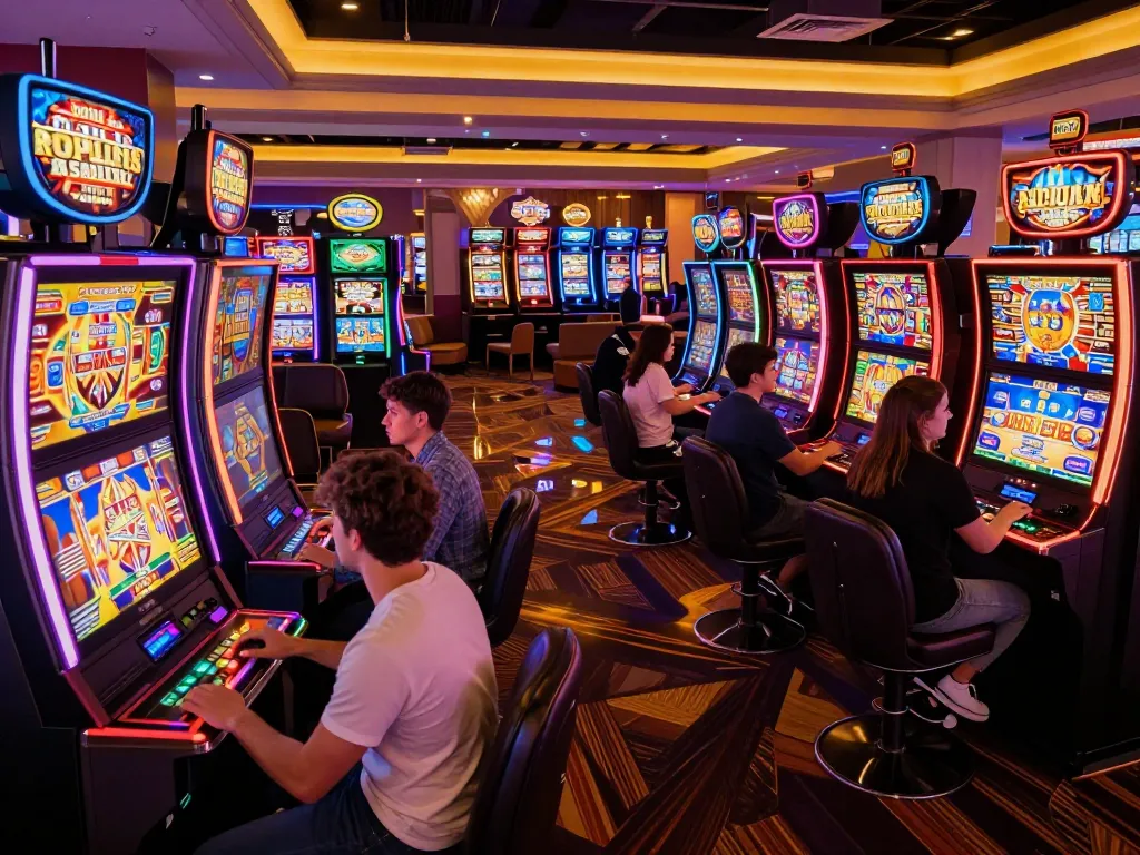 Players experiencing thrilling moments at MDG188 slot machines in a vibrant casino environment.