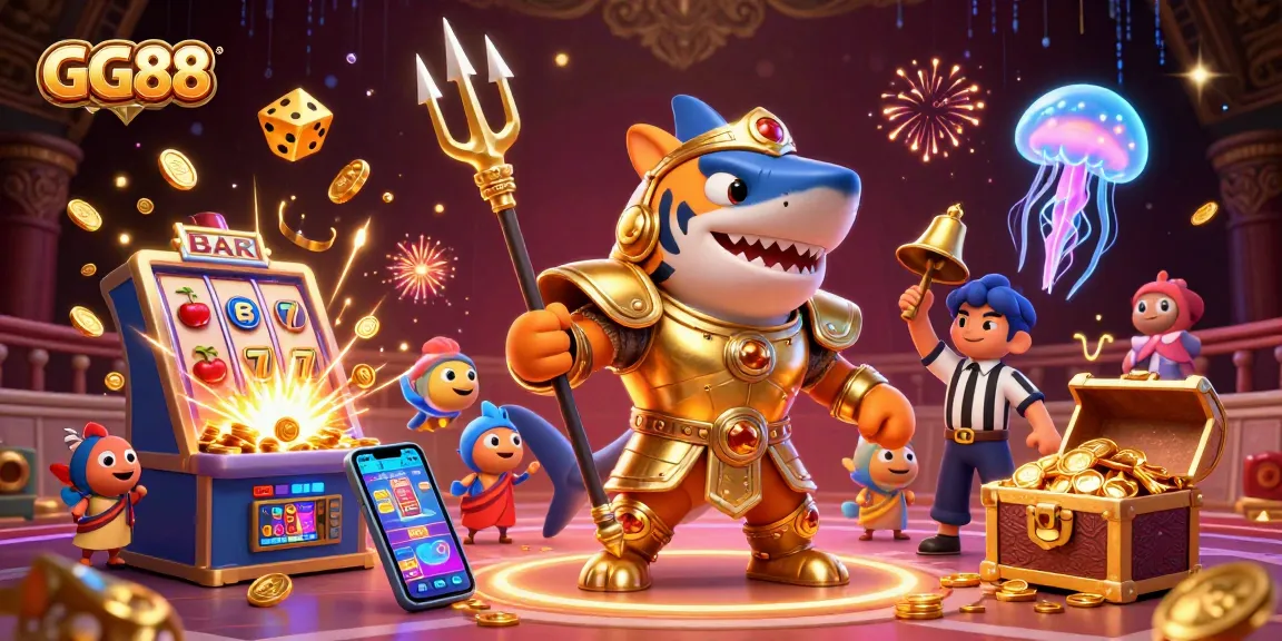 Experience the thrill of GG88 with an underwater colosseum scene featuring a golden gladiator tiger shark.