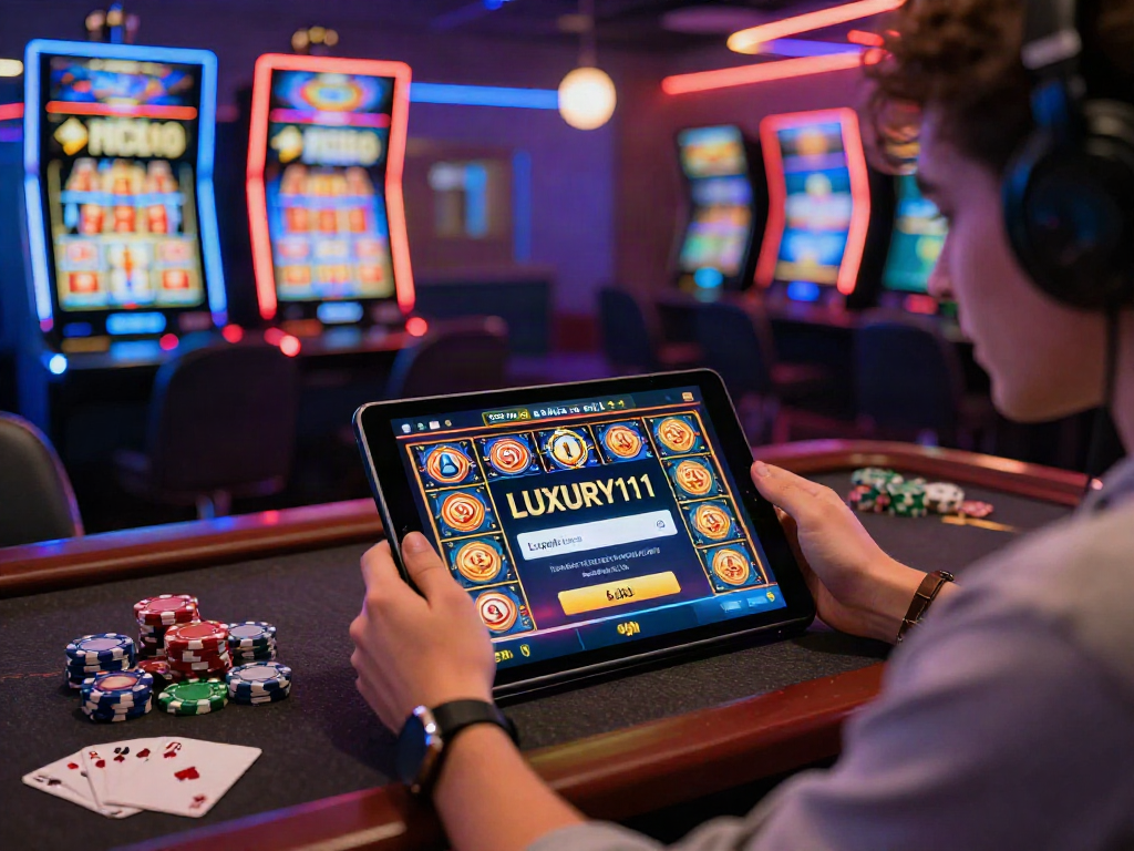 Login LUXURY111 dalam pengalaman bermain slot online dengan tampilan tablet dan suasana ruang permainan yang menarik.