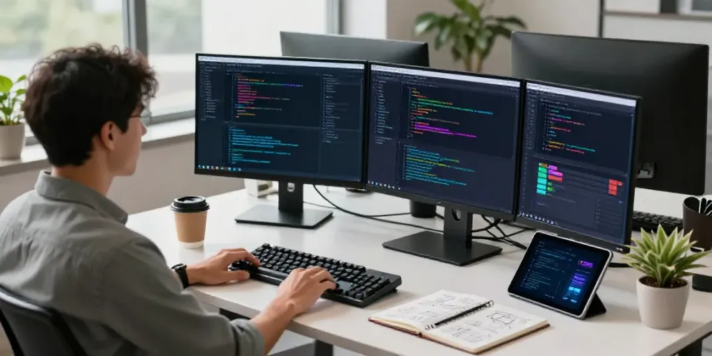Workspace of a developer utilizing an AI product features generator tool, with code and designs visible on screens.