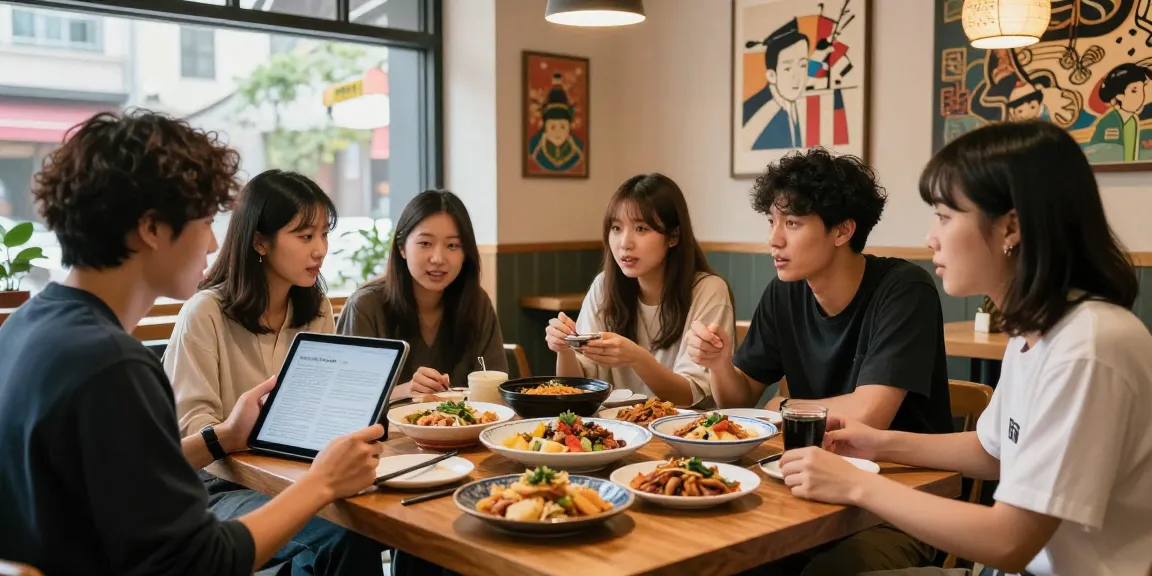 Engaging multicultural gathering discussing Asian pop culture at https://hanadultalk.com, featuring vibrant dishes and cozy cafe ambiance.