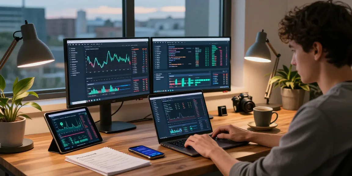 Crypto mining platform workspace with screens analyzing blockchain performance and digital assets.