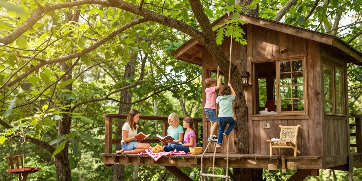 Family enjoying treehouses in a lush forest setting with vibrant greenery.