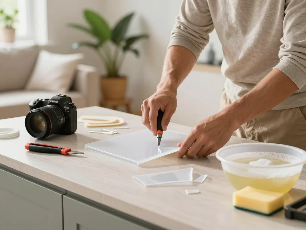 Removing plastic pieces at home with cách gỡ miếng ép plastic tại nhà techniques, showcasing DIY tools and a bright living space.