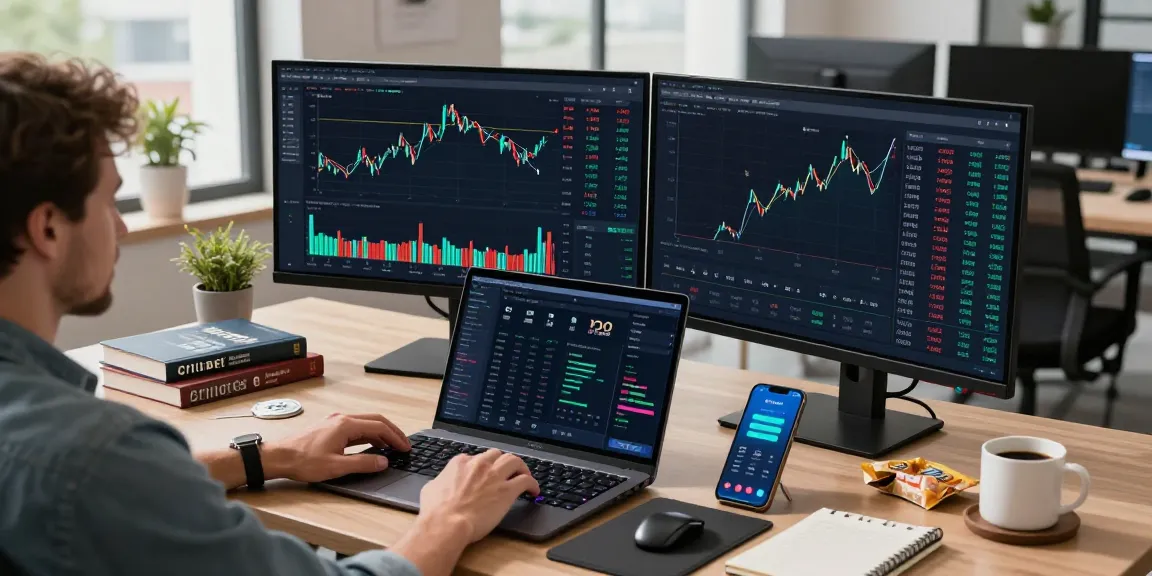 Cricbet cryptocurrency trading interface with live market data and digital wallet transactions in a modern office setting.